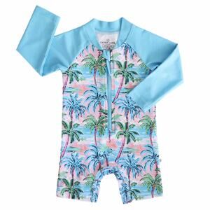 NWT Caden Lane Long Sleeve Rash Guard Swim Romper Shortie Pastel Palms 0-3 Month